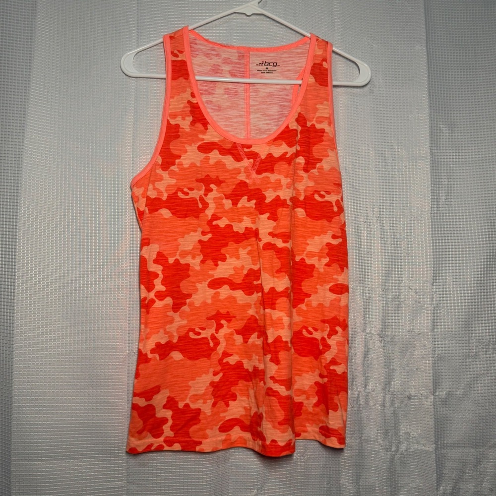 BCG Tank Top Cotton Blend Orange Camo Print Racerback Athletic Sporty - Picture 2 of 6